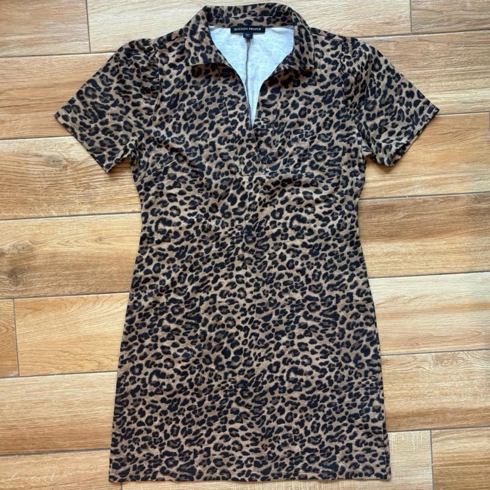Boston Proper Brown Leopard Collared Mini Dress